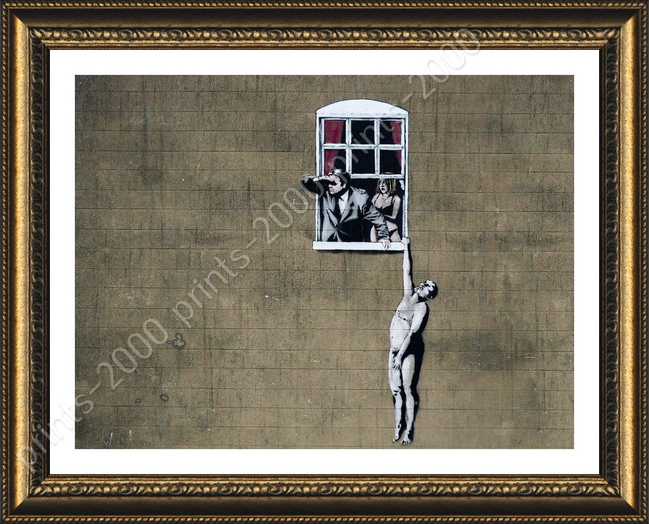 Naked Man Hanging From Window By Banksy Framed Canvas Wall Art Poster Hd Picclick