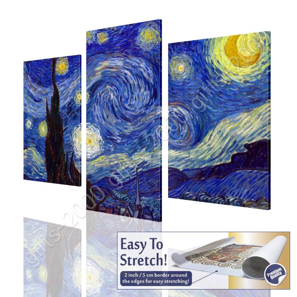 Rolled 3 Panels Wall art picture Starry Night by Vincent Van GoghCanvas